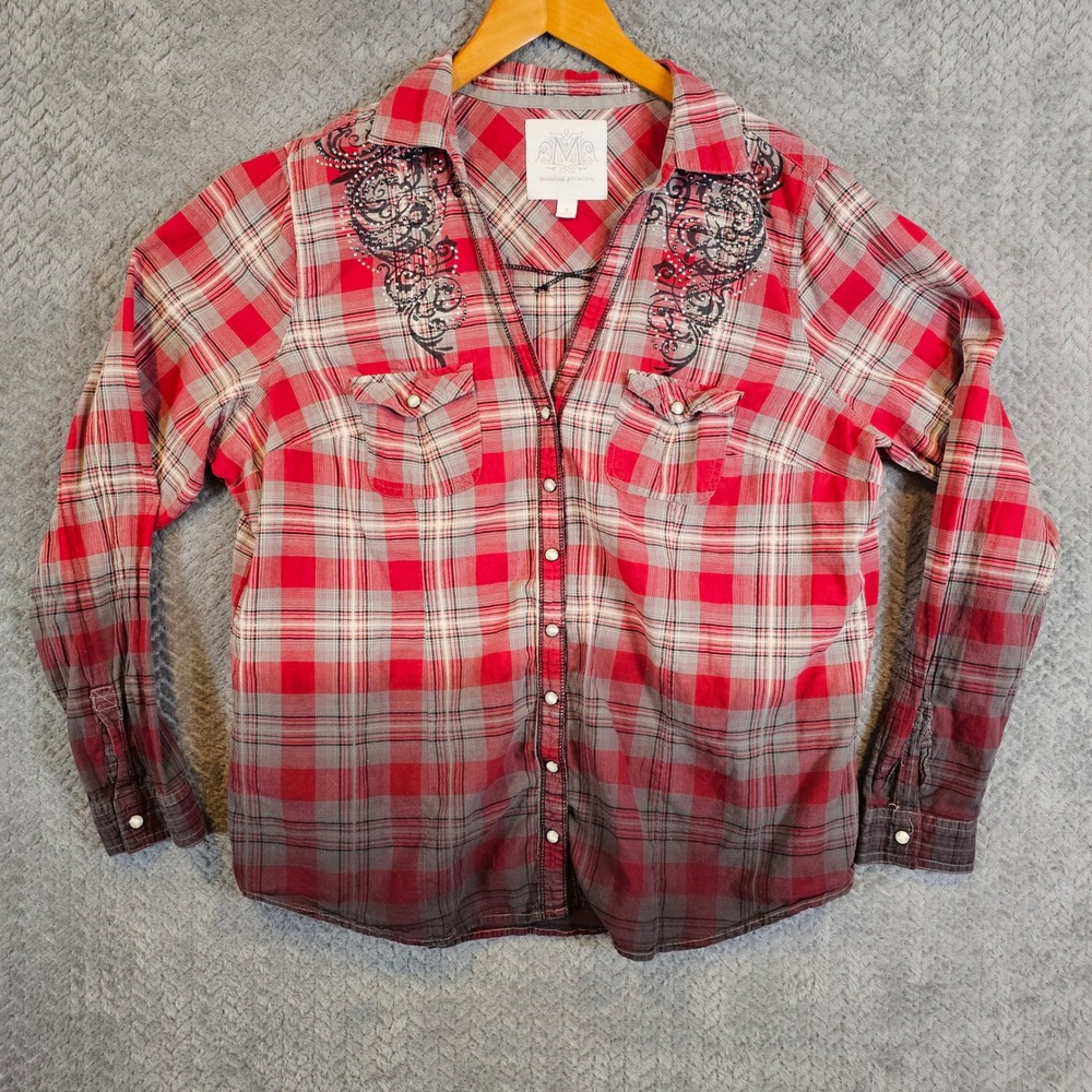 Maurices Premium‎ Red Ombre Plaid Western Snap Button Shirt Rhinestone Size 2